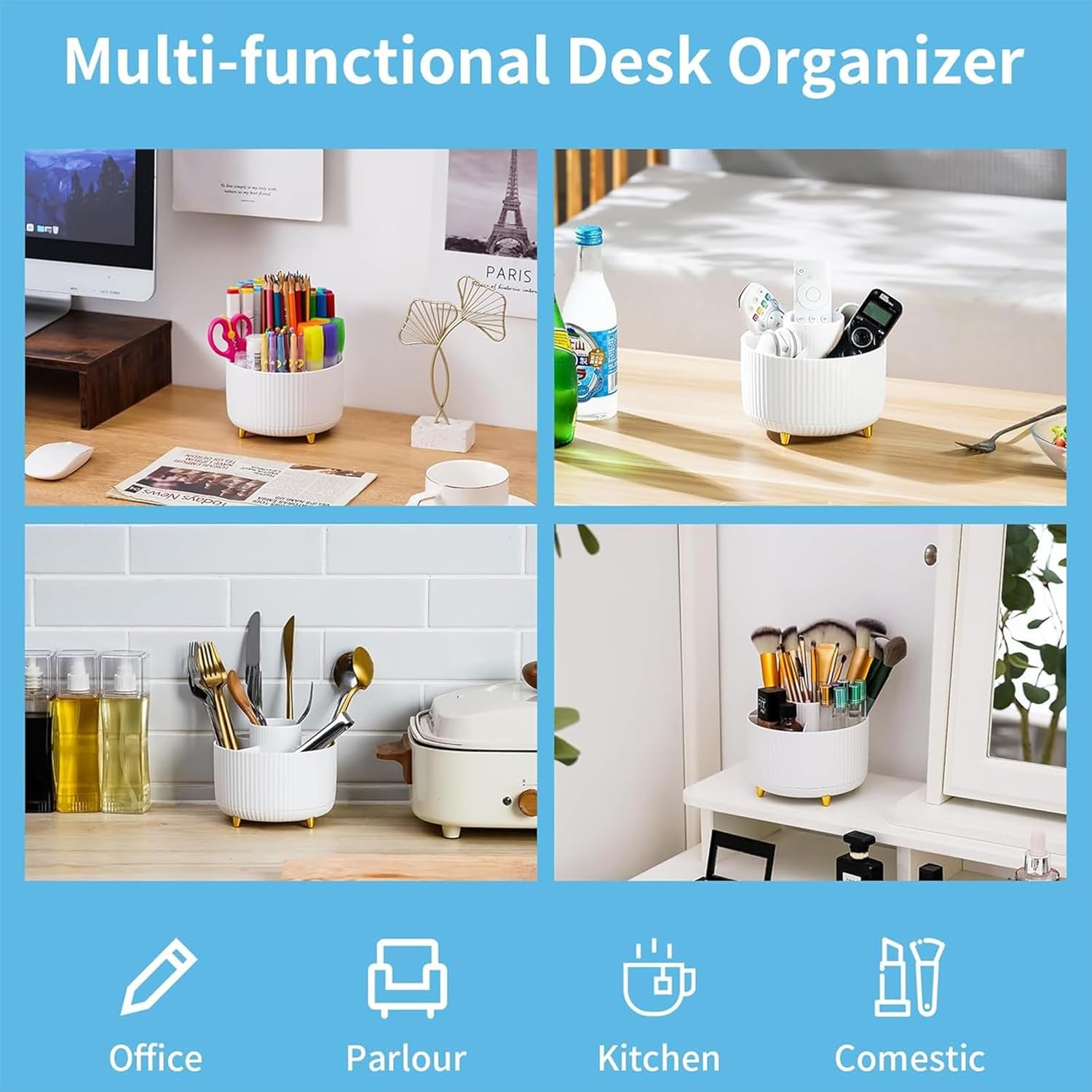 360° Rotating Desk Organizer with 5 Compartments – White Pen & Pencil Holder Caddy