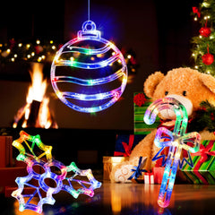 Christmas Window Lights, 3 Pack Multicoloured Ball, Holly Berry & Candy Cane with Suction Cup, Timer Function & Slow Fade Mode – Battery Operated LED Window Decorations