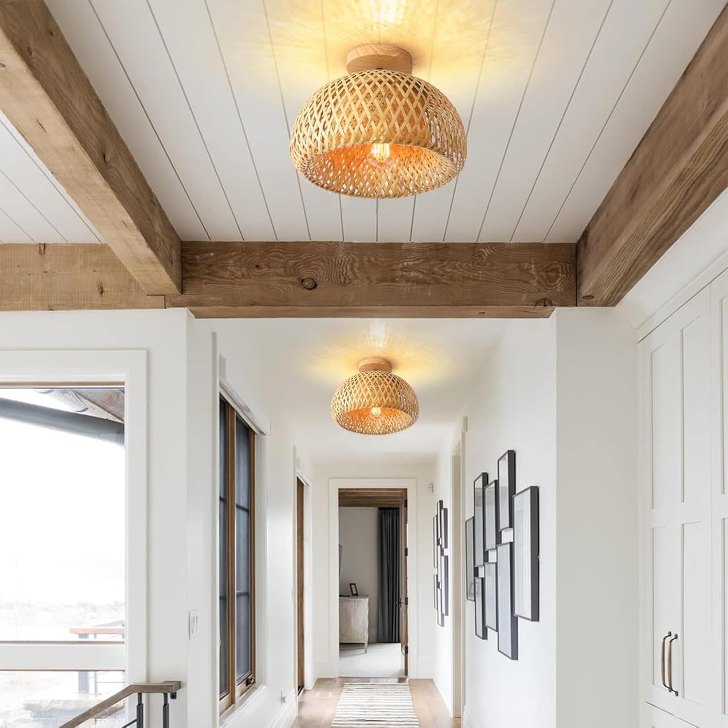 Bamboo Rattan Ceiling Light – Handmade Boho Semi-Flush Farmhouse Fixture for Rooms