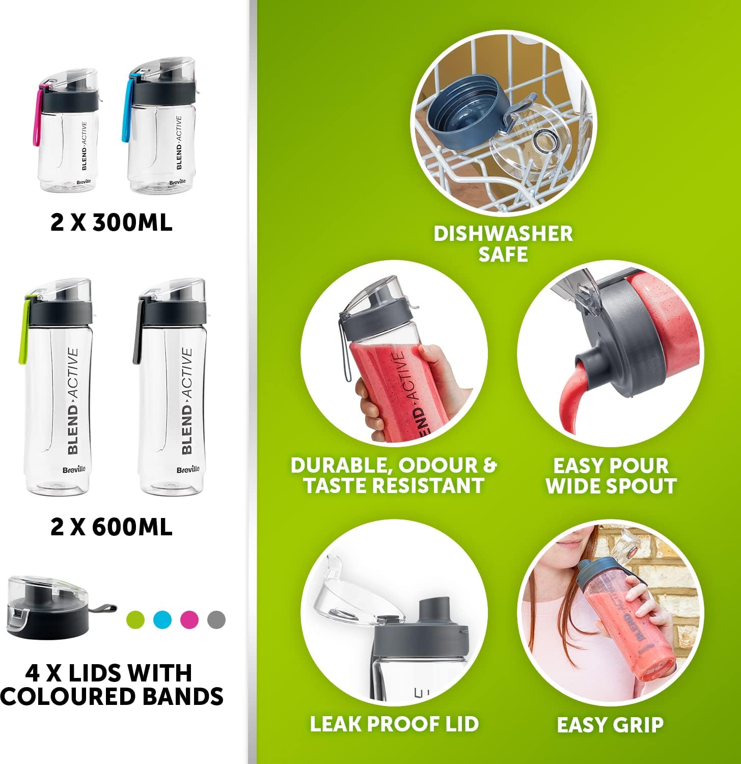 Blend Active Personal Blender & Smoothie Maker 350W | Family Pack with 4 Portable Bottles (300ml & 600ml) | Leak-Proof Lids