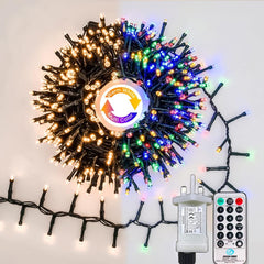 Christmas Tree Fairy Lights with 300 LEDs, 6m/19.7ft Warm White to Multicolor, 9 Modes with Timer, Green Cable Wire String, Waterproof Plug-In Mains Powered for Garden and Fence Decorations