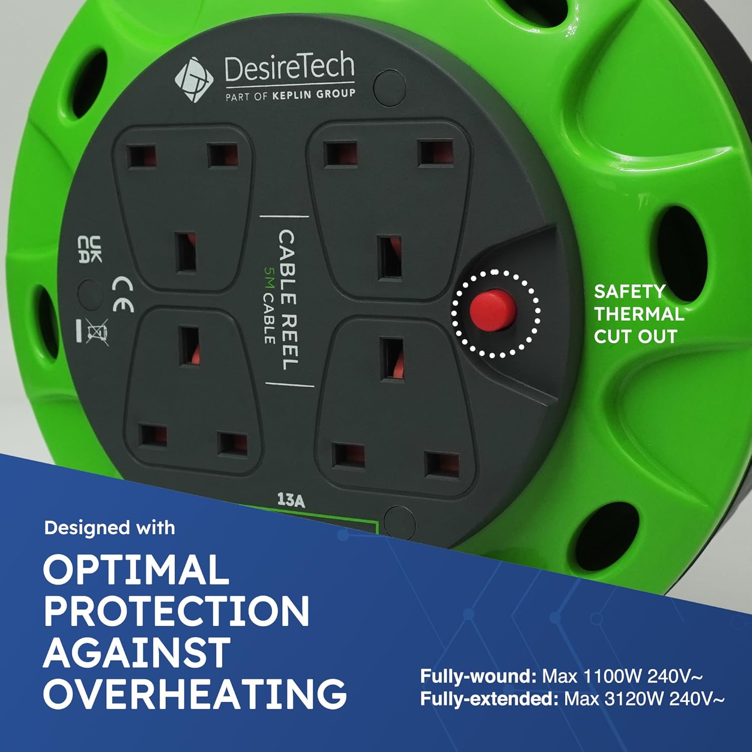 4-Socket 5M Cable Reel Extension Lead, Heavy Duty with Thermal Cut-Out – Green/Black