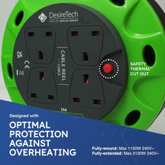 4-Socket 5M Cable Reel Extension Lead, Heavy Duty with Thermal Cut-Out – Green/Black