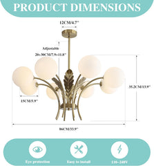 Chandelier with dimensions and features on a white background