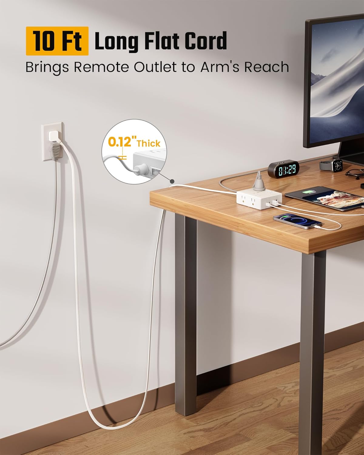 10Ft Extension Cord Surge Protector Power Strip – 8 Outlets & 4 USB (2 USB-C) for Home, Office