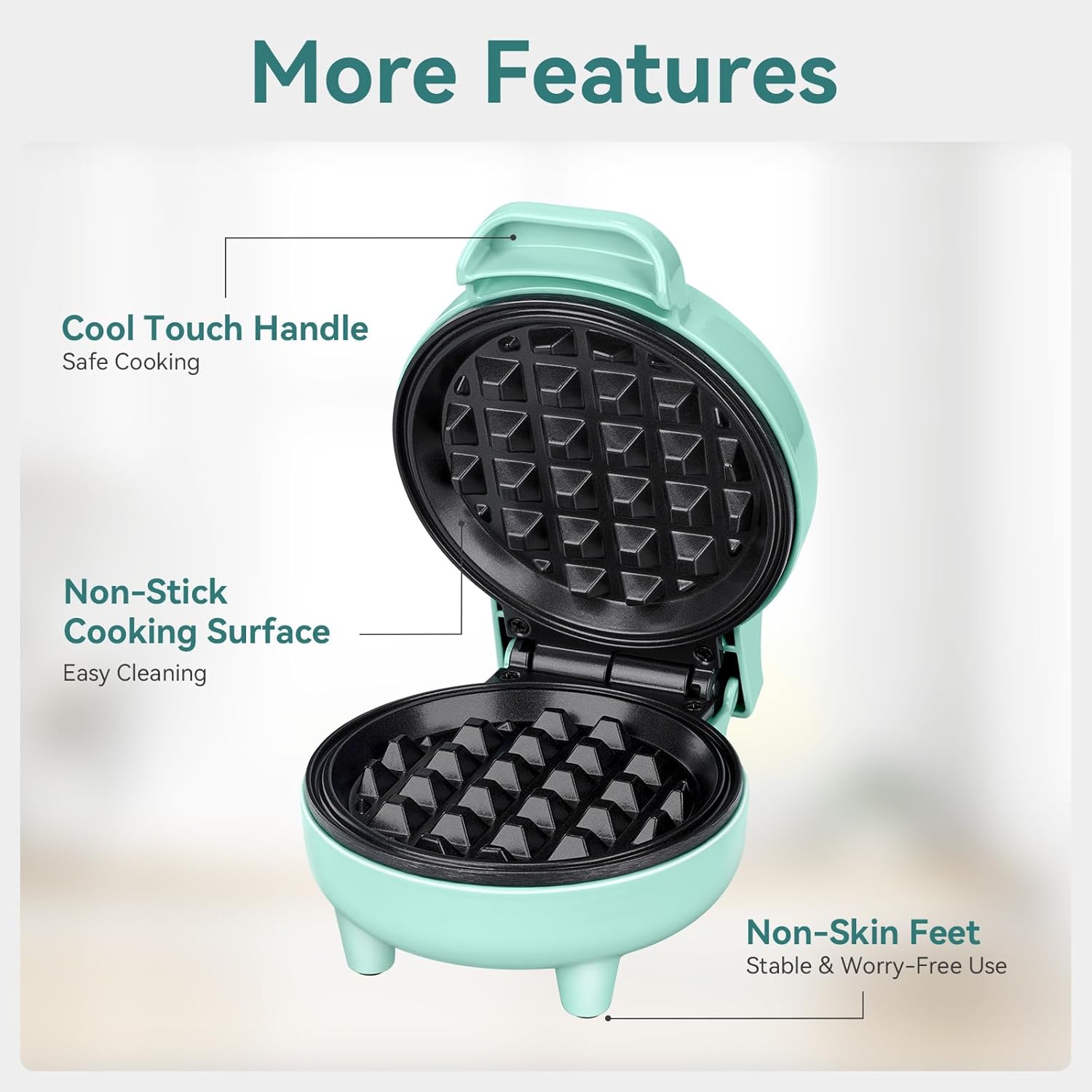 Snailar Mini Waffle Maker – 550W Compact Waffle Iron, Nonstick Coating, Ready Indicator Light, Cool Touch Handle, Easy Clean, Green