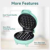 Snailar Mini Waffle Maker – 550W Compact Waffle Iron, Nonstick Coating, Ready Indicator Light, Cool Touch Handle, Easy Clean, Green