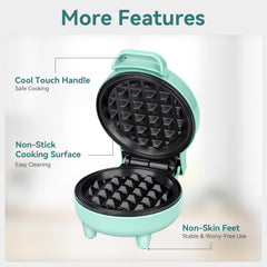 Snailar Mini Waffle Maker – 550W Compact Waffle Iron, Nonstick Coating, Ready Indicator Light, Cool Touch Handle, Easy Clean, Green