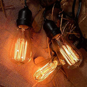 String of vintage-style light bulbs on a textured surface with leaves.
