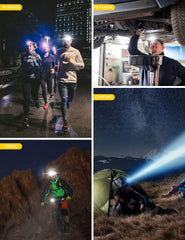 Collage of people using headlamps in various settings including outdoors, under a vehicle, and camping.