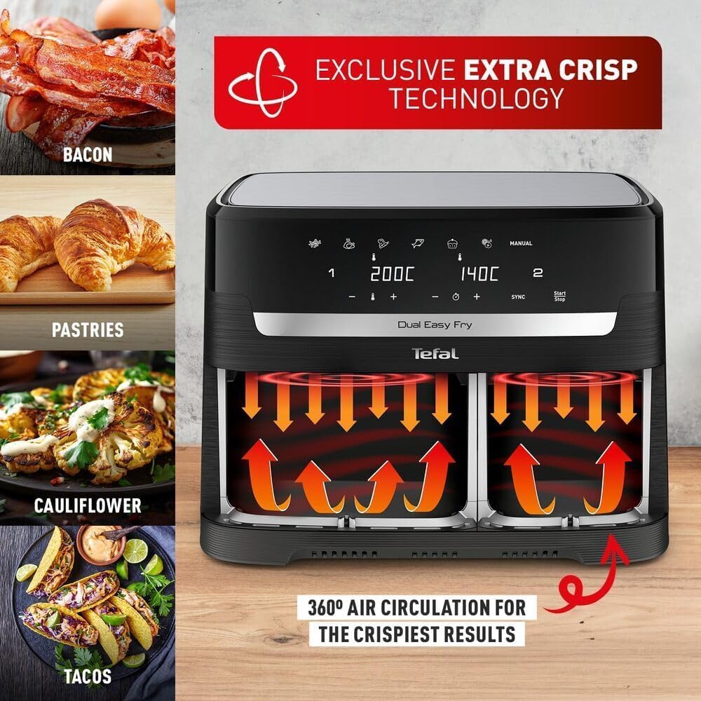 Tefal Easy Fry Dual Zone Digital Air Fryer, 8.3L – 2 Drawers, 8-in-1 Functions, 6 Portions, Extra Crisp, Non-Stick, Dishwasher Safe