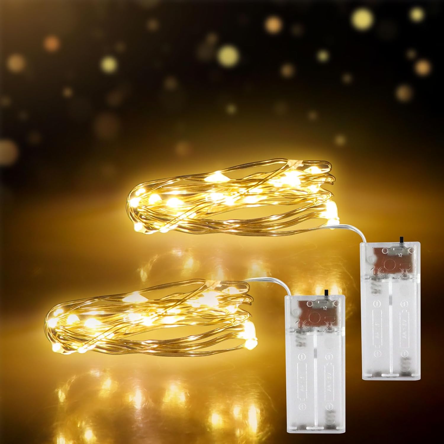 2 Pack 20 LEDs Fairy String Lights Battery Operated, 2M/6.6ft Silver Copper Wire Lights, Waterproof String Light, Indoor Decoration for, Birthday Wedding Festival Party Christmas Tree( Warm White)