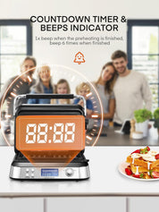 Smart Waffle Maker 1600W – Digital Display, 7 Browning Levels, 5 Presets, Non-Stick, Family Size, Timer & Alerts – Silver