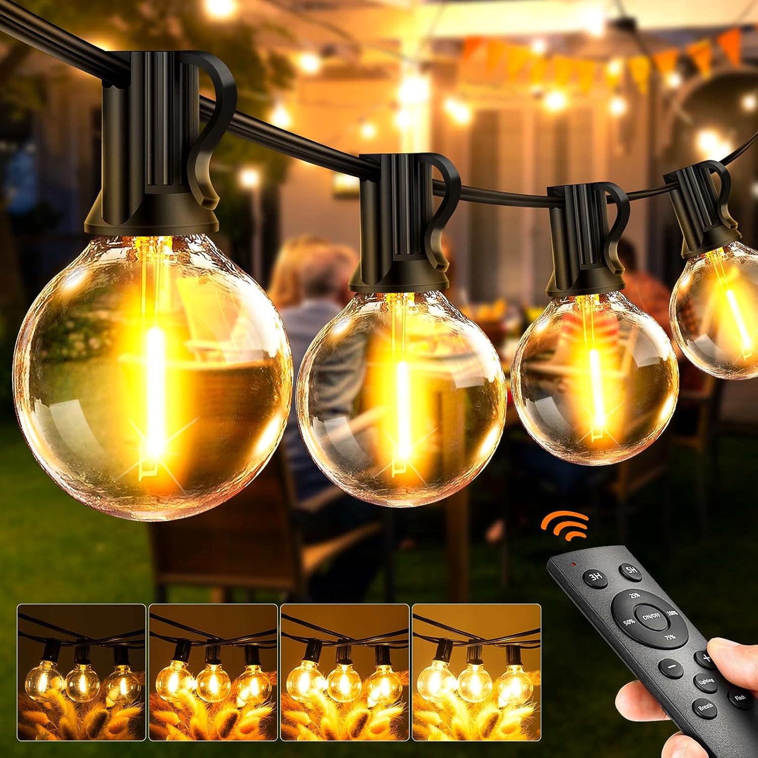 65.5ft Outdoor String Lights with Remote & Dimmable LEDs