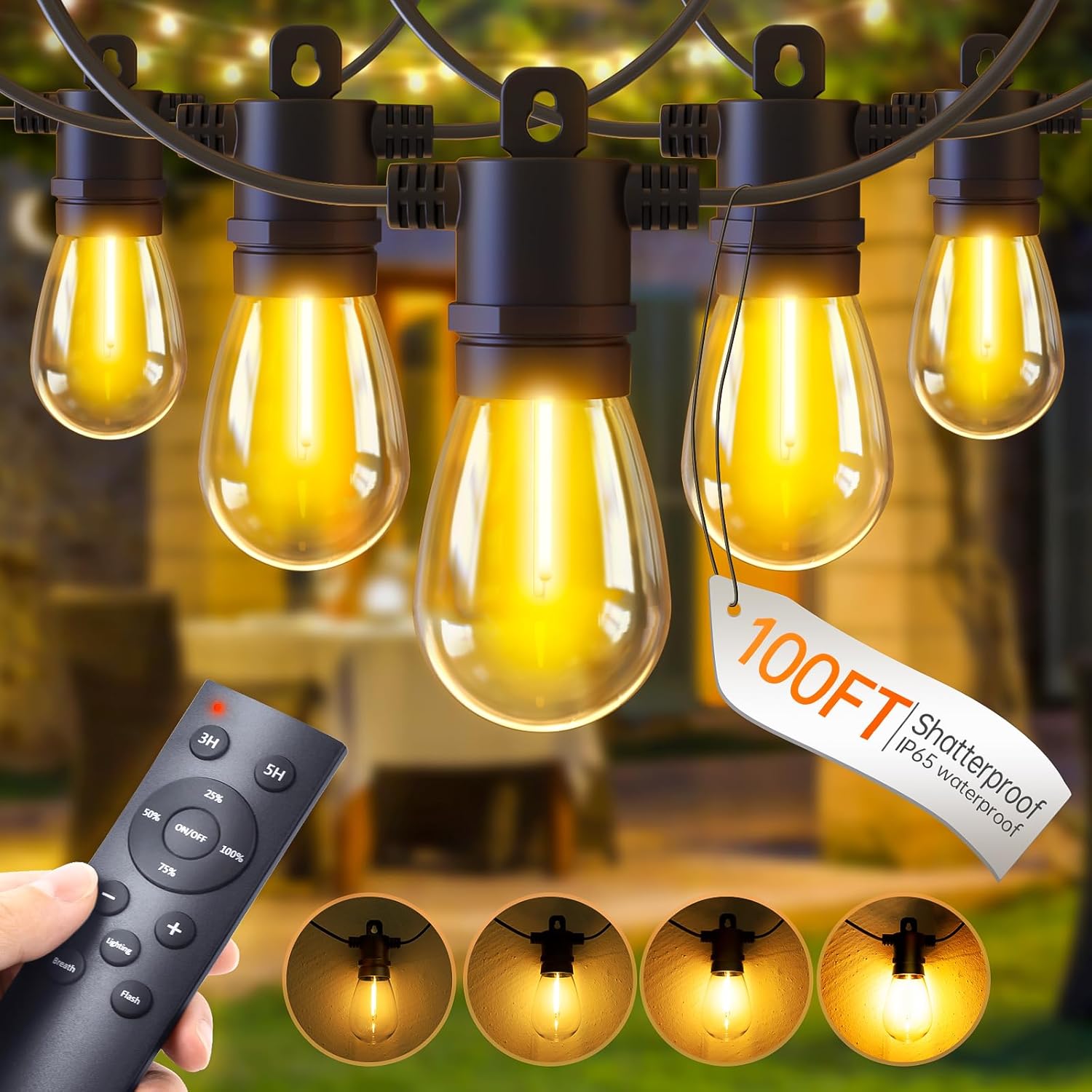 100ft Outdoor Festoon Lights with Remote & Dimmable LEDs