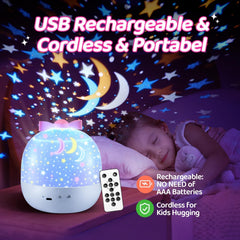 Kids Night Light Projector, 144 Lighting Modes + 15 Films, USB Rechargeable Baby Night Light with Remote, 360° Rotating Projector for Kids Bedroom