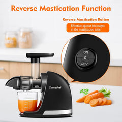 AMZCHEF Juicer Machines - Cold Press Slow Juicer - Masticating Juicer for Whole Fruits and Vegetables - Delicate Chew No Need to Filter - BPA Free Juice Extractor with 2 Cups and Brush - Black