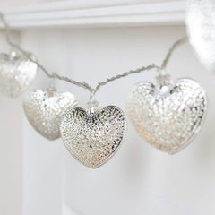 Silver Filigree Metal Heart Fairy String Lights 2.8m, 20 Warm White LED Plug-In Indoor Decor with Timer