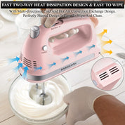 300W Hand Electric Mixer – 5 Speeds + Turbo, 5 Stainless Steel Attachments, Pink, Ultra Power Kitchen Baking Blender