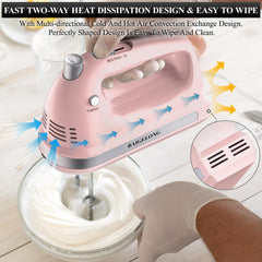 300W Hand Electric Mixer – 5 Speeds + Turbo, 5 Stainless Steel Attachments, Pink, Ultra Power Kitchen Baking Blender