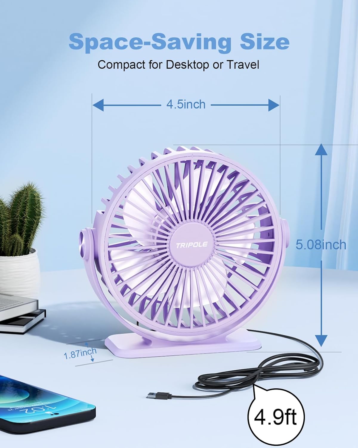TriPole Desk Fan for Home, Portable USB Handheld Fan 3 Speeds Powerful Table Fan Silent, 360°Adjustable Mini Cooling Fans, Electric small Desktop Quiet Fans for Bedroom, Office, Library, Travel,Purple