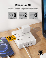 10Ft Extension Cord Surge Protector Power Strip – 8 Outlets & 4 USB (2 USB-C) for Home, Office