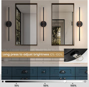 Bathroom vanity with mirrors and wall lights, adjustable brightness control overlay.