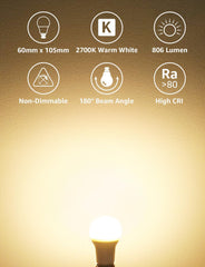 Lepro Bayonet Light Bulbs 60W Equivalent, Warm White 2700K, 8.5W 806lm LED Bayonet Bulb, B22 LED Bulbs, BC GLS Energy Saving Lightbulbs Bayonet, Non-dimmable, Pack of 12 [Energy Class F]