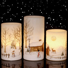 Christmas Flameless Candles Flickering with 6H Timer, 3 Pack Snow Scene Snowman Decal Real Wax Candles Lights LED Flames for Christmas Home Decoration Powered by 2 AA Batteries