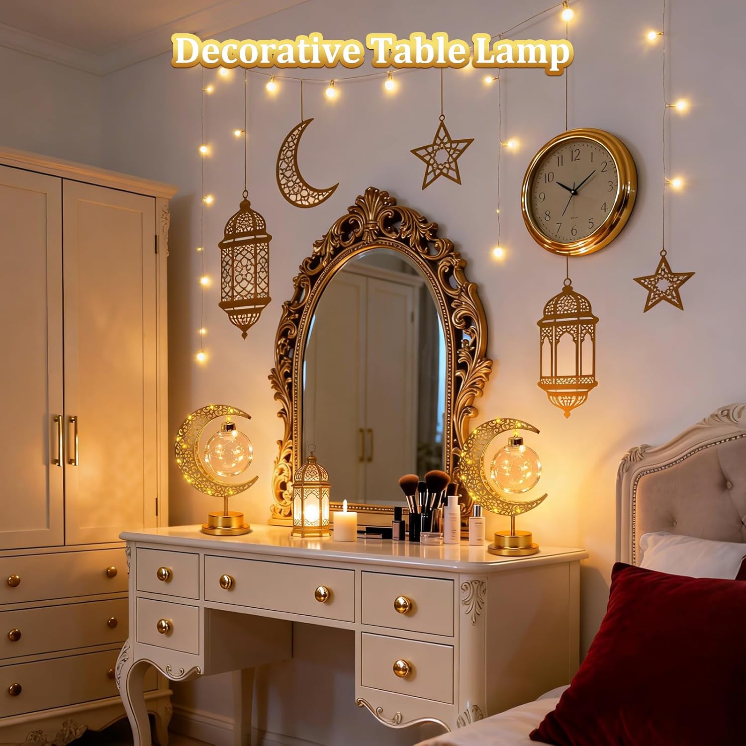 Ramadan Crescent Moon Table Lamp – Battery Operated Metal Half Moon LED Night Light with Star Design, Eid Bedside Decoration for Home & Bedroom