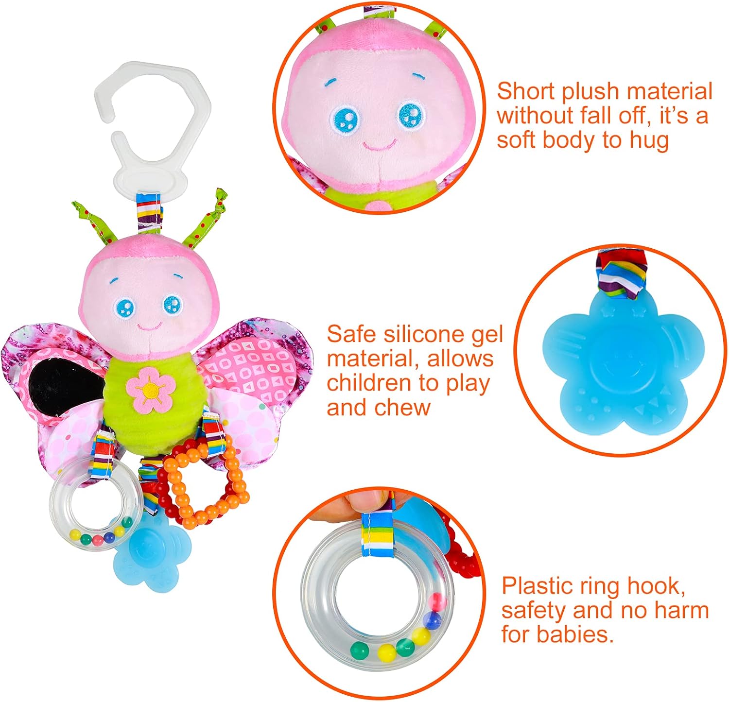 Funsland Pram Toys 0–12M, Clip-On Stroller Car Seat Rattle, Baby Sensory Plush