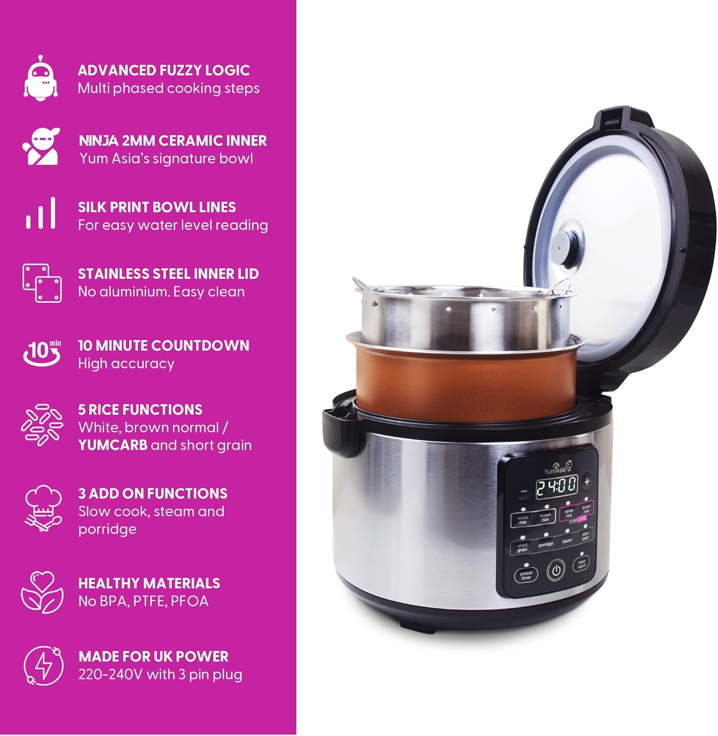 Yum Asia Kumo YumCarb Rice Cooker 1L – Stainless Steel – UK