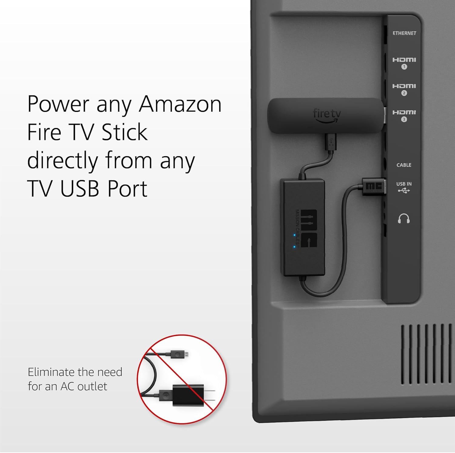 USB Power Cable for Amazon Fire TV (Eliminates the Need for AC Adapter)