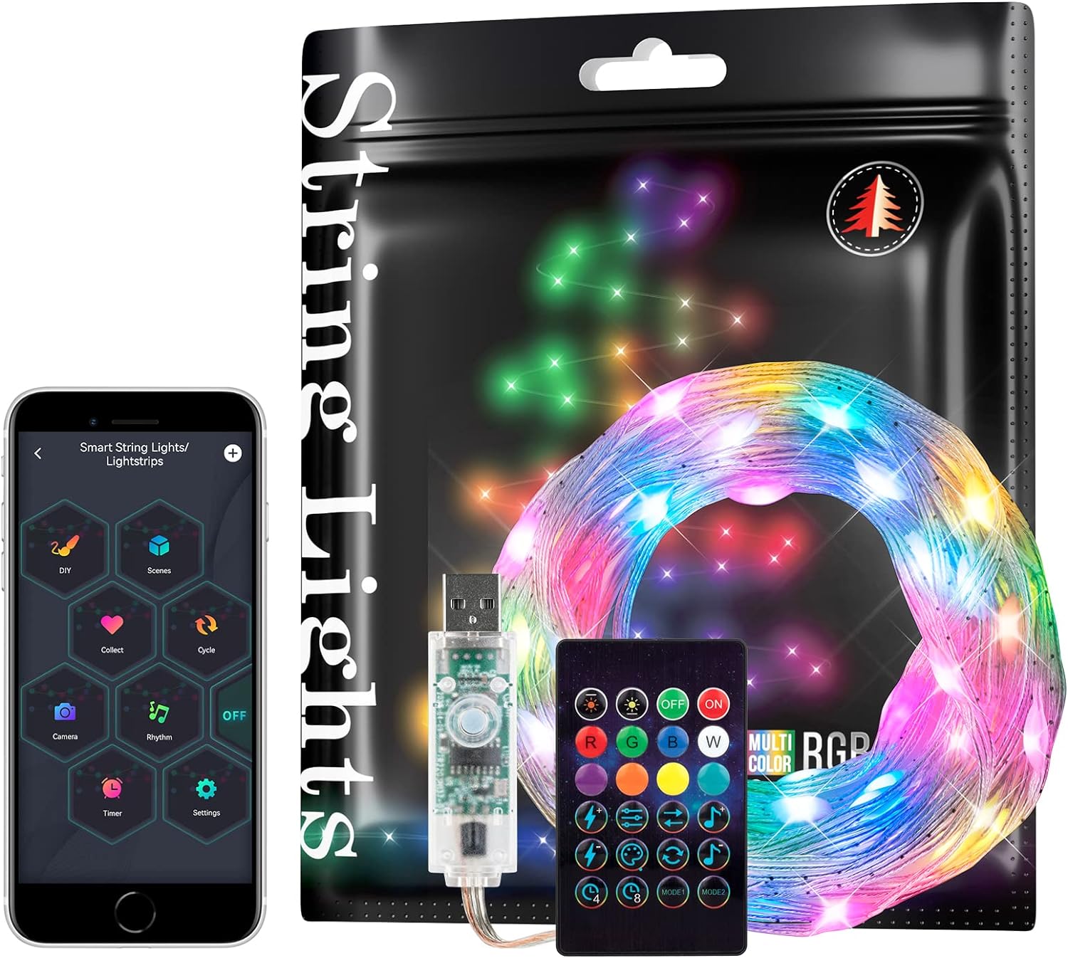 String Lights RGB IC WS2812B IC 5m 50leds USB IP67 Waterproof Transparent Cable USB LED String Lights with 24Buttons LED Remote Music Sync Funny Modes Colour Chasing