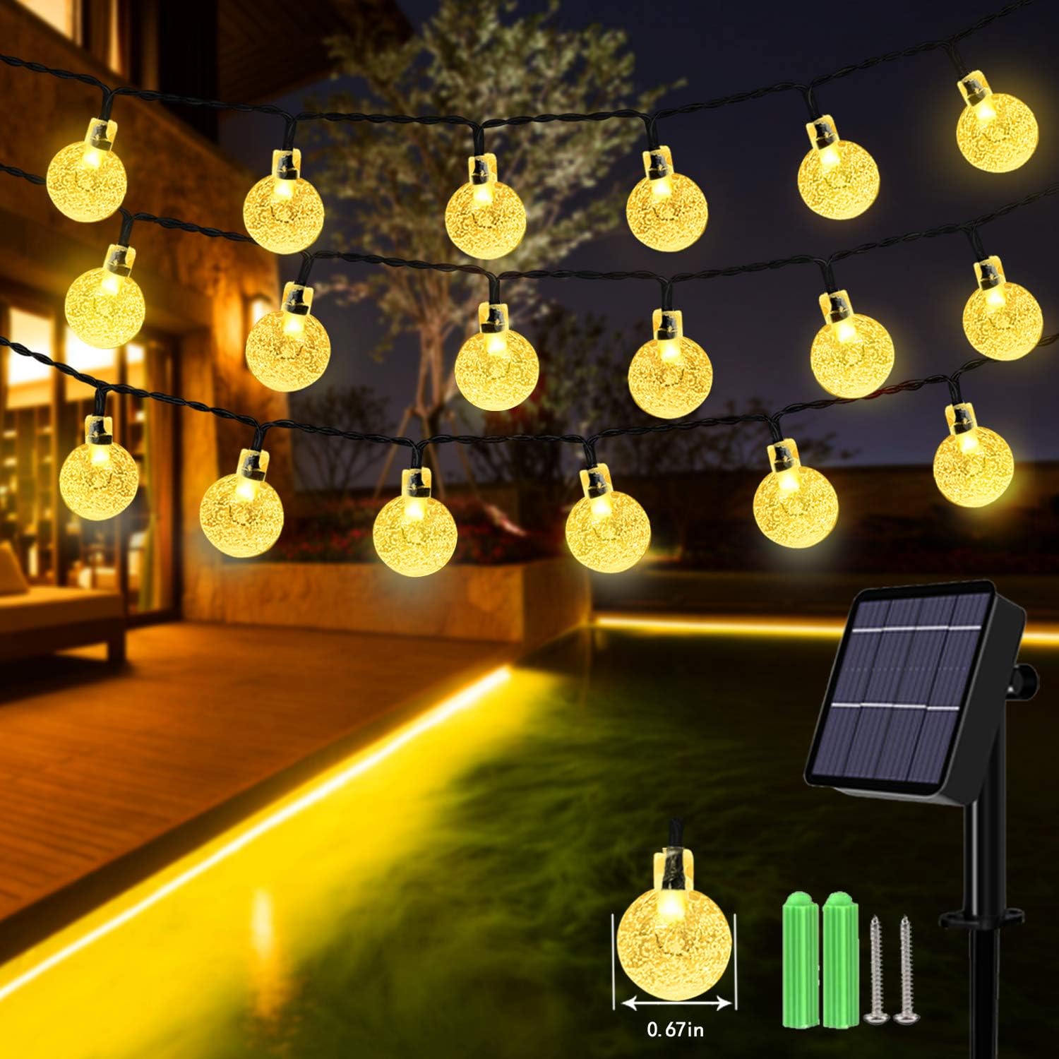 59Ft 100 LED Globe String Lights, Solar Fairy Garden Lights Waterproof 8 Modes Balcony Lights (Warm White)