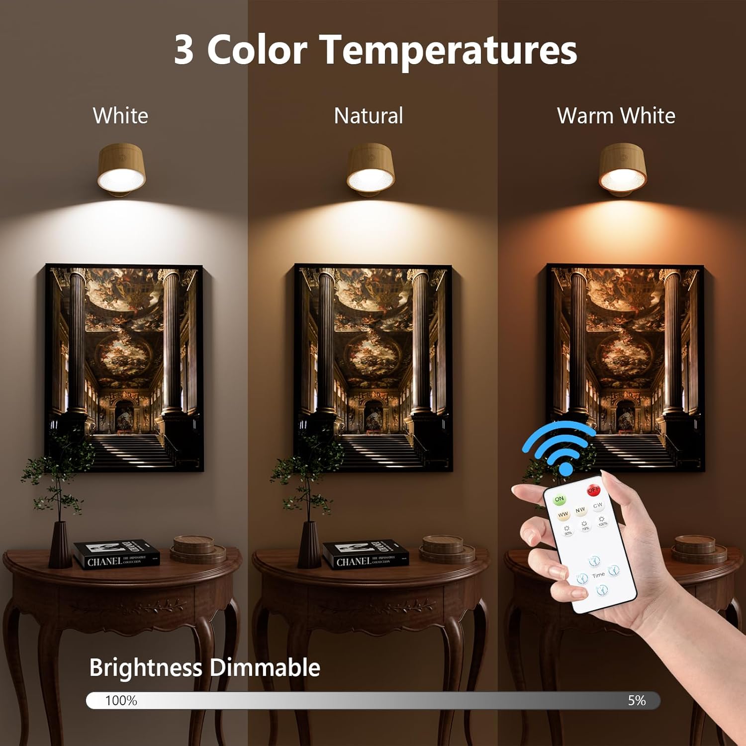 Light fixture with three color temperature settings shown on a wall, accompanied by a remote control.