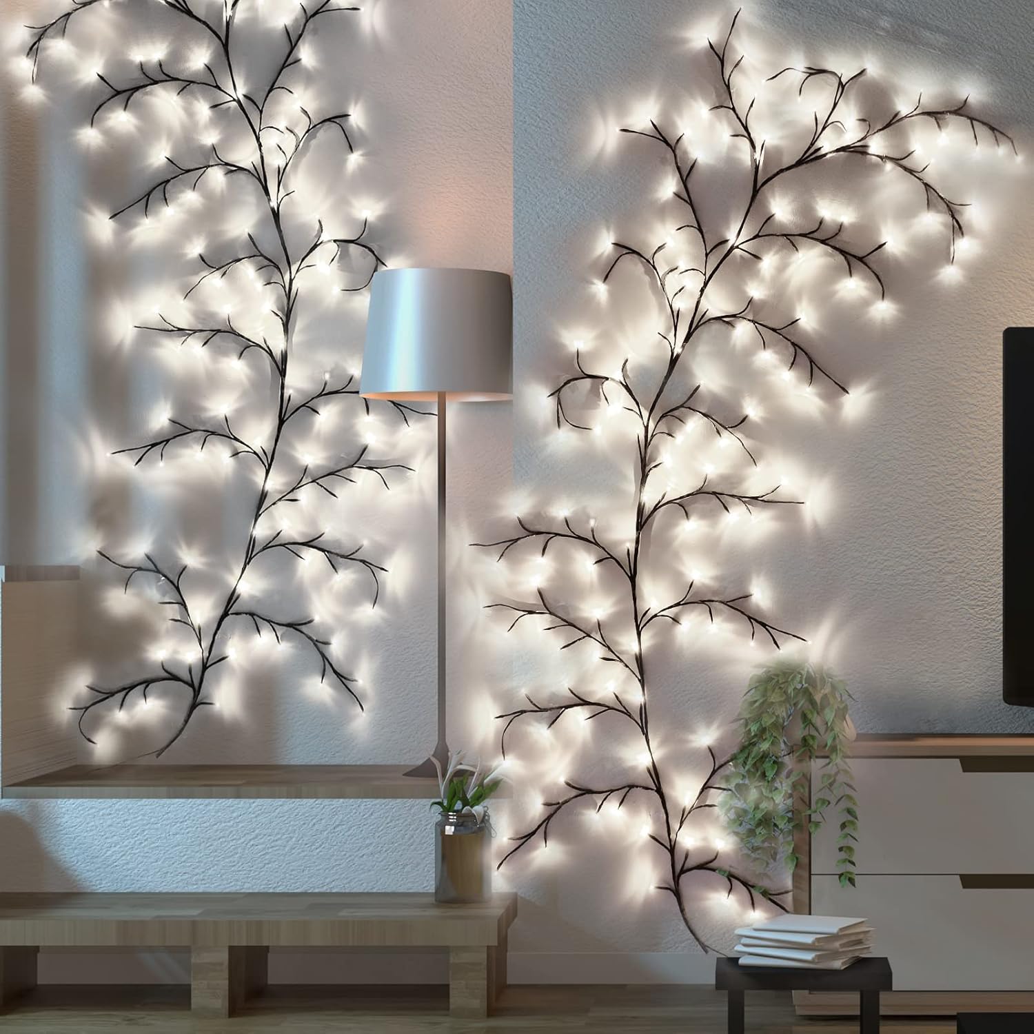 White LED Willow Vine Lights for Bedroom Wall Décor, 8ft Plug-In Twig Branch Lights with Remote Control for Indoor Home Decoration