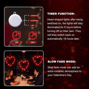 3 Pack Valentine Heart Window Lights with Timer – Battery Powered Red LED Hanging Decor