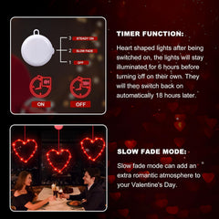 3 Pack Valentine Heart Window Lights with Timer – Battery Powered Red LED Hanging Decor