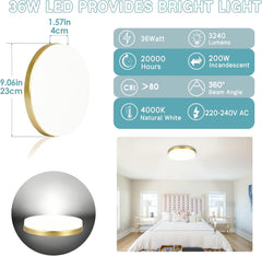 Gold LED Ceiling Light, 36W 4000K Natural White Round Ceiling Lamp 3240LM for Bathroom, Kitchen, Bedroom, Hallway, Utility Room, Laundry, Toilet, Porch, Ø23CM