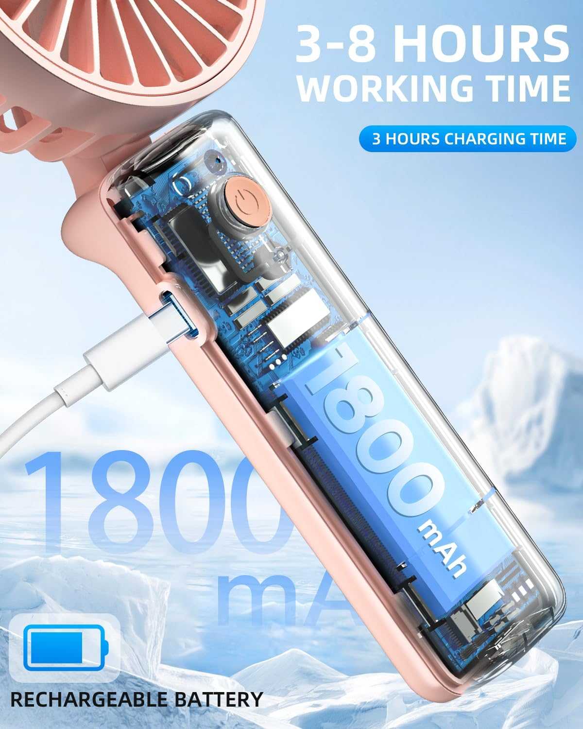 Portable Handheld Mini Desk Fan 1800mAh 3 Speeds