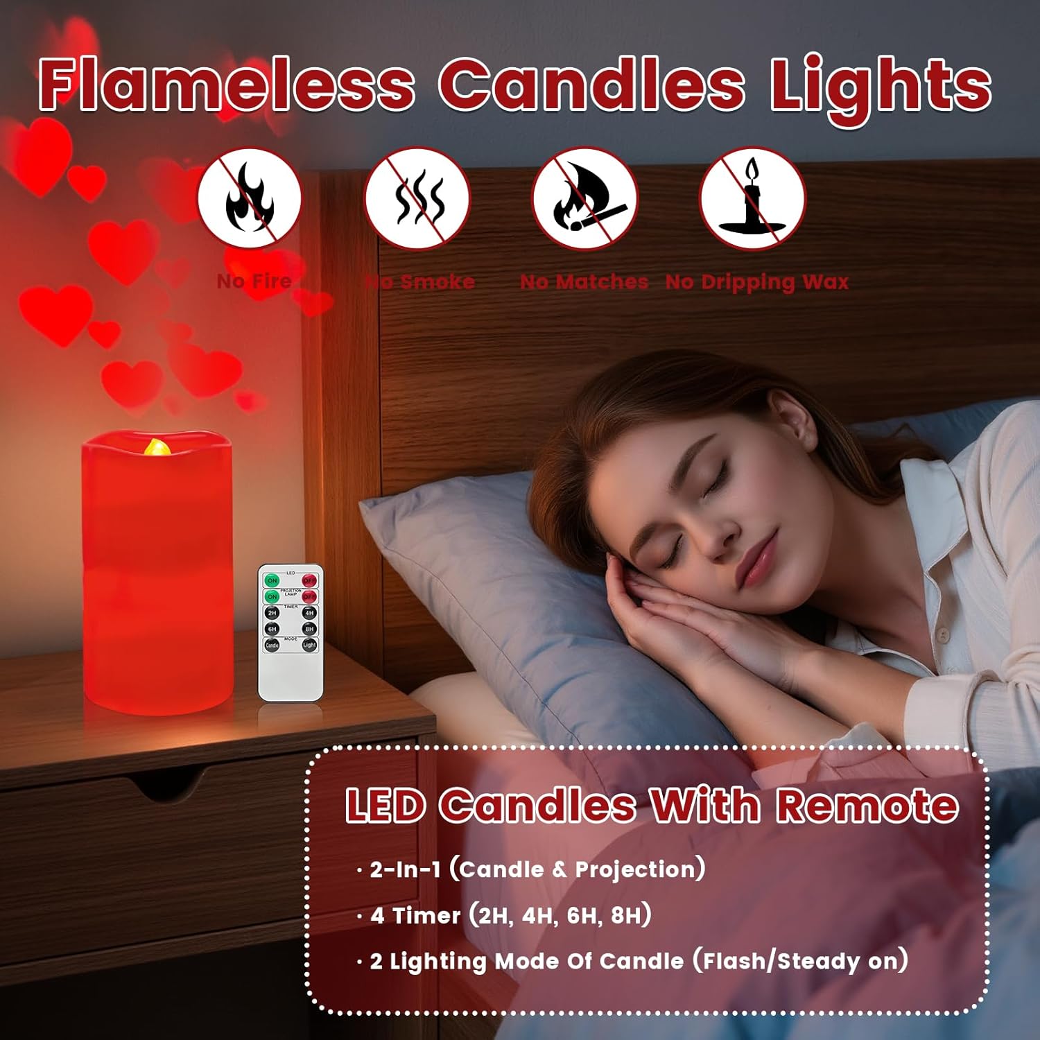 Flameless LED Candle Lights with Romantic Heart Projection, Remote Control & Timer for Valentine’s Day Décor and Special Occasions