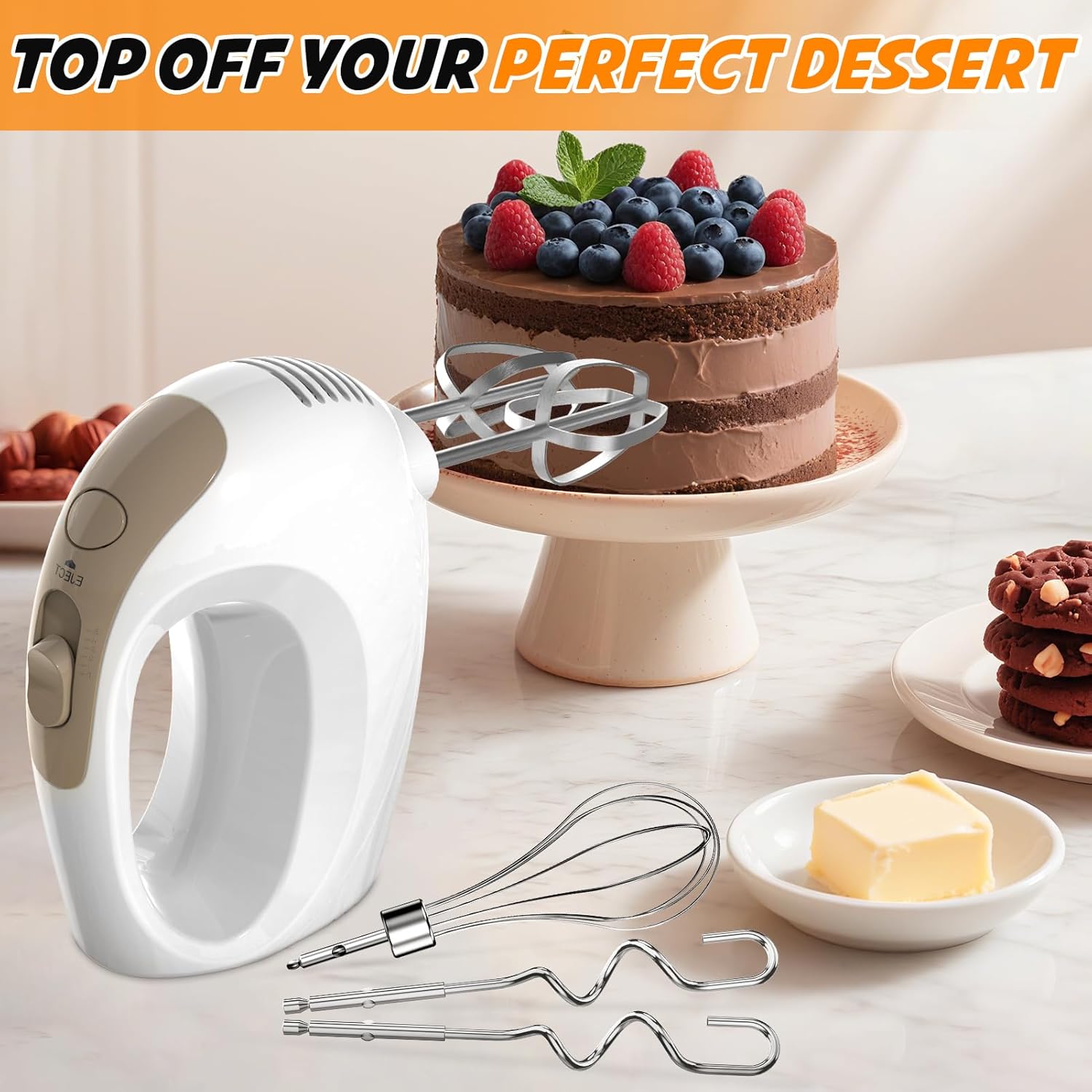 Hand Mixer Electric with 5 Speeds & Turbo – Includes 5 Stainless Steel Attachments for Baking, Whisking & Dough (CX-6613)