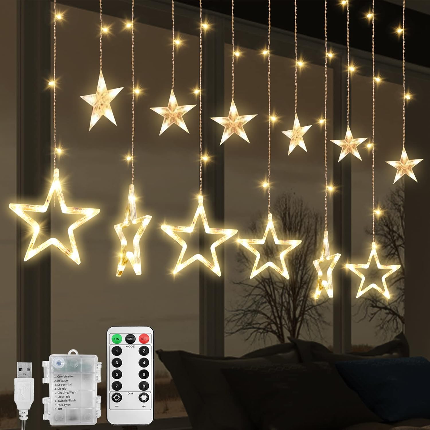 LED Stars Curtain Lights,12 Stars 138 Window Curtain String Lights with 8 Flashing Modes Decoration for Wedding, Party,Wall, Home Decorations,USB/Battery Powered (A - Warm White)