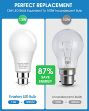 EvaStary 100W Bayonet Light Bulbs, 13W B22 LED Bayonet Bulbs Daylight White 6000K, BC A60 GLS Frosted Energy Saving Light Bulbs Bayonet, Non-dimmable, 4 Pack [Energy Class F]