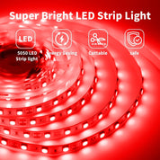 12V Red LED Strip Light 5M with Plug, 300 LED SMD5050 Flexible Cuttable Dimmable Tape Light for Bedroom, TV Backlight, Party & Indoor Decoration