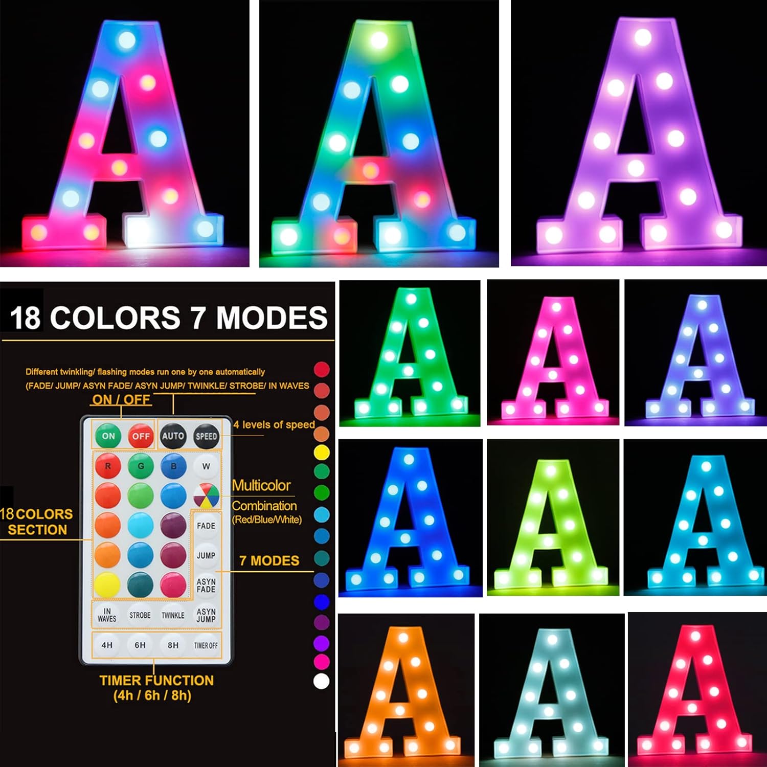 LED Marquee Letter Light – Colorful A, 18 Colors with Remote