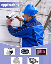Person installing a security camera on a wall with LED light applications displayed below.