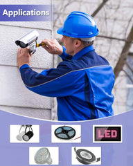 Person installing a security camera on a wall with LED light applications displayed below.