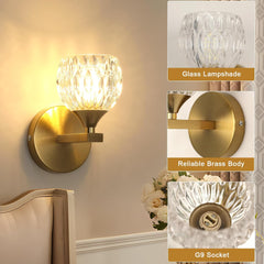 Modern Glass Wall Light, Indoor Wall Lamp with G9 Bulb 3000K/4500K/6500K, Gold Wall Sconce Lighting for Bedroom, Living Room, Corridor, and Staircase